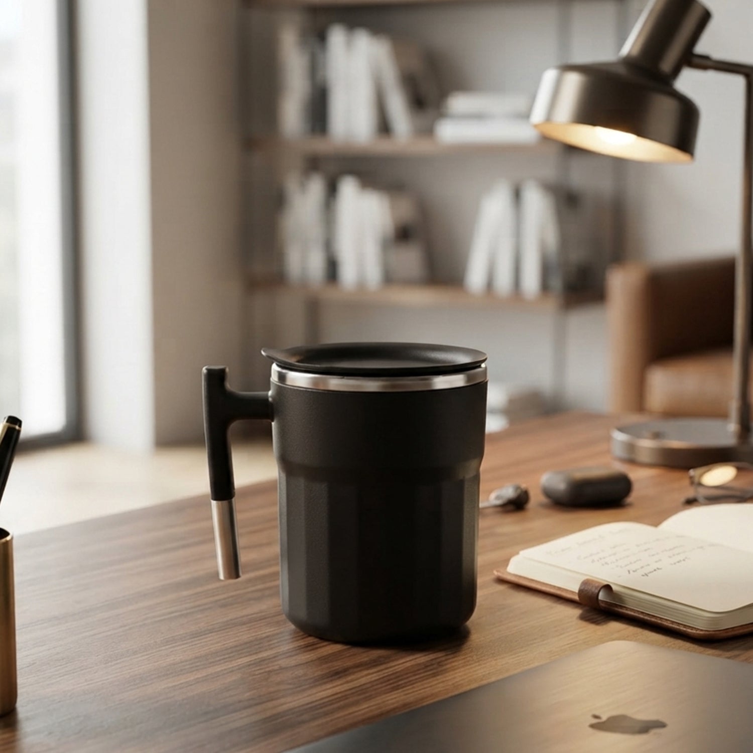 Apex Compact Coffee Mug 300 ML with Handle and Lid Matte Black (1 Pc)
