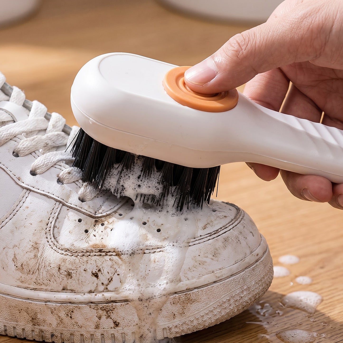 A white scrubbing brush with an orange button is actively cleaning a very dirty white sneaker, producing foam.