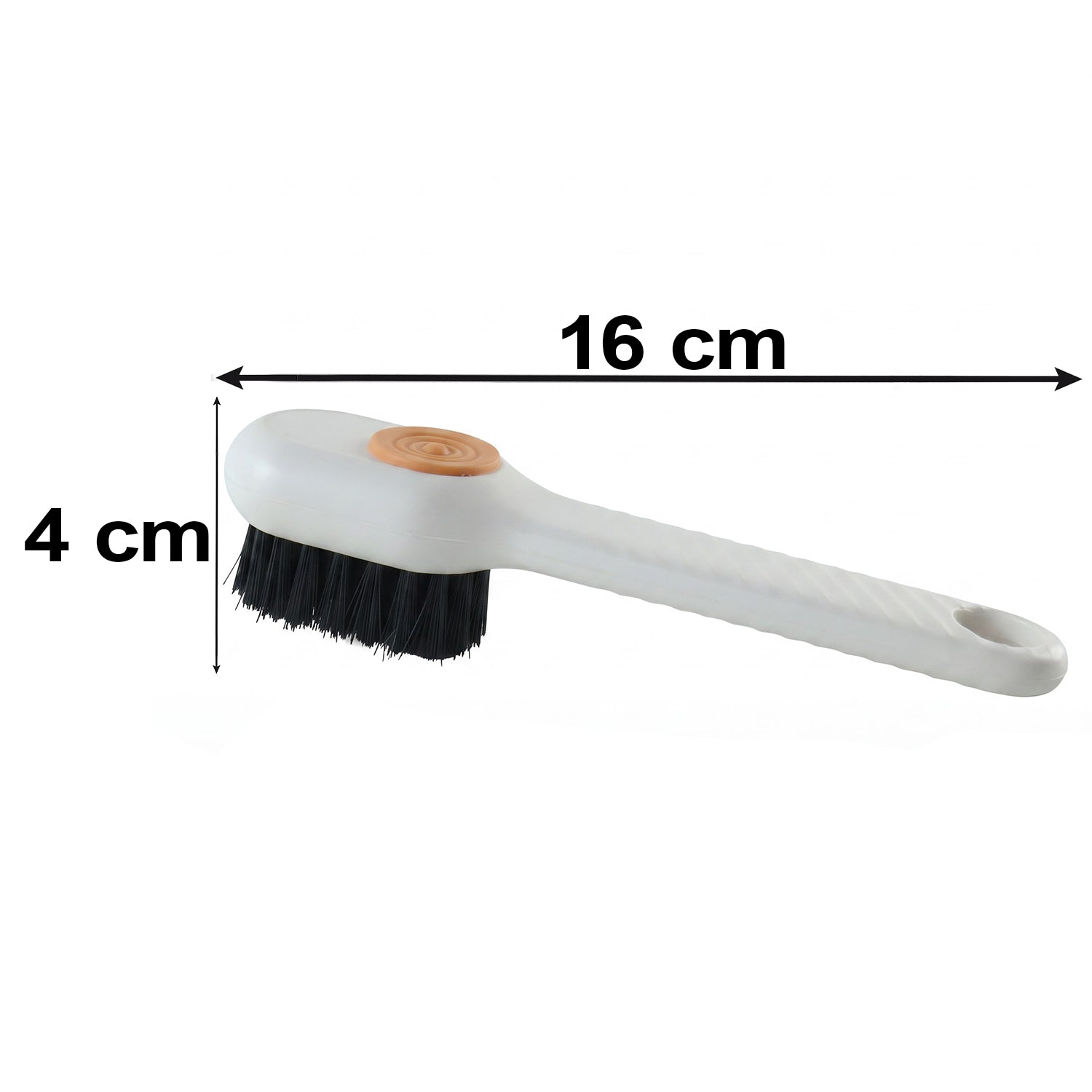 A white scrubbing brush with black bristles and an orange button is displayed with dimensions of 16 cm by 4 cm.
