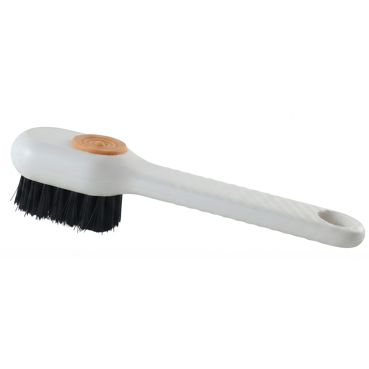 A white scrubbing brush with black bristles and an orange button is shown on a plain white background.