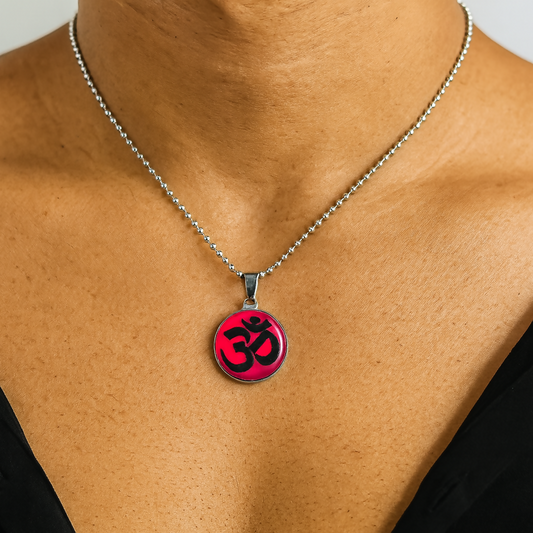 Glass Framed Orange Enamel Om Locket Chain Pendant