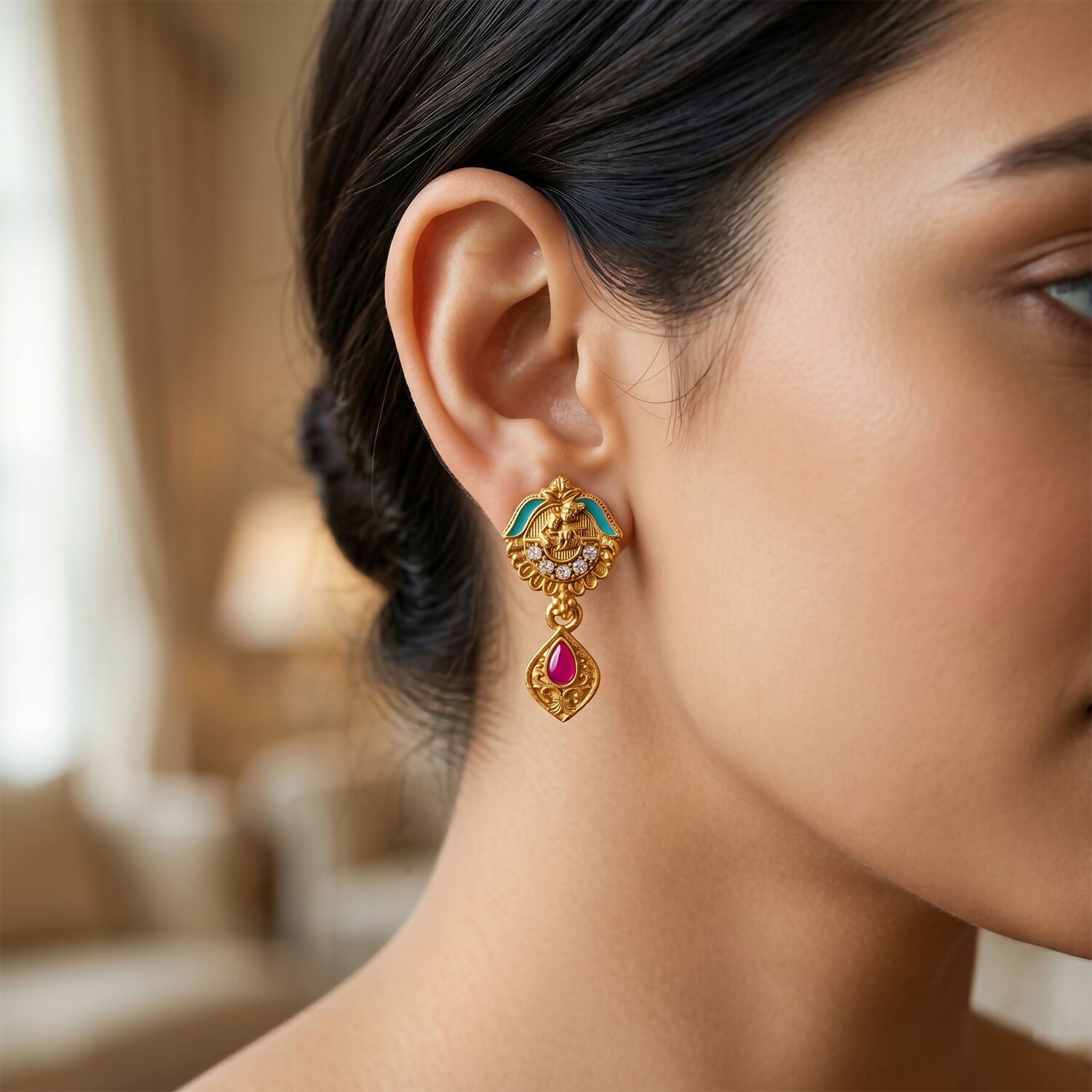 Antique Finish Radha Krishna Deity Medallion with Teal Enamel Drop Earring Set Double Strand Mangalsutra