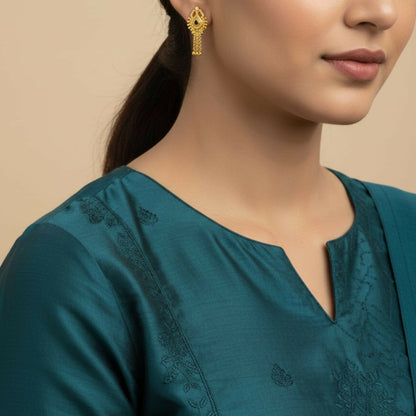 Close-up of 3 Line Golden Earrings highlighting traditional jhumka design with decorative golden beads