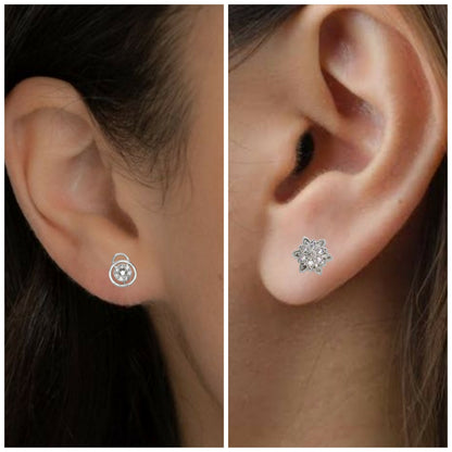 Close-up of silver-plated cubic zirconia halo stud earrings showing sparkle