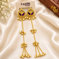 Ethnic Gold-Tone Artificial Long Chain Earrings with Purple Meenakari Work & Ghungroo Tassels (Imitation Jewellery)