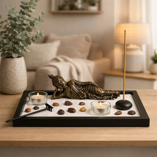 Zen Buddha Meditation Garden Set with Candles & Incense Holder Decor