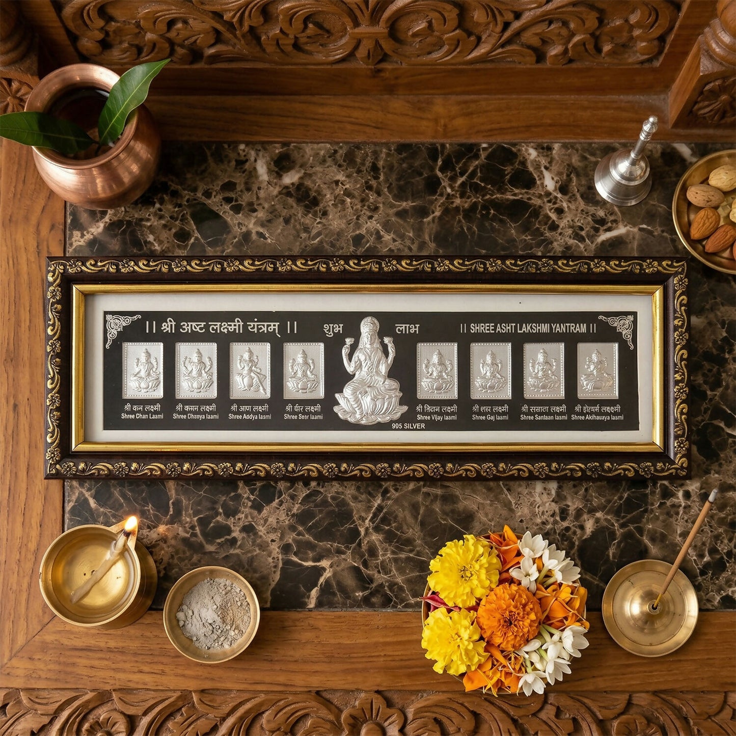 Silver Shree Asht Lakshmi Yantra Plaque in Premium Framed Display for Pooja and Prosperity