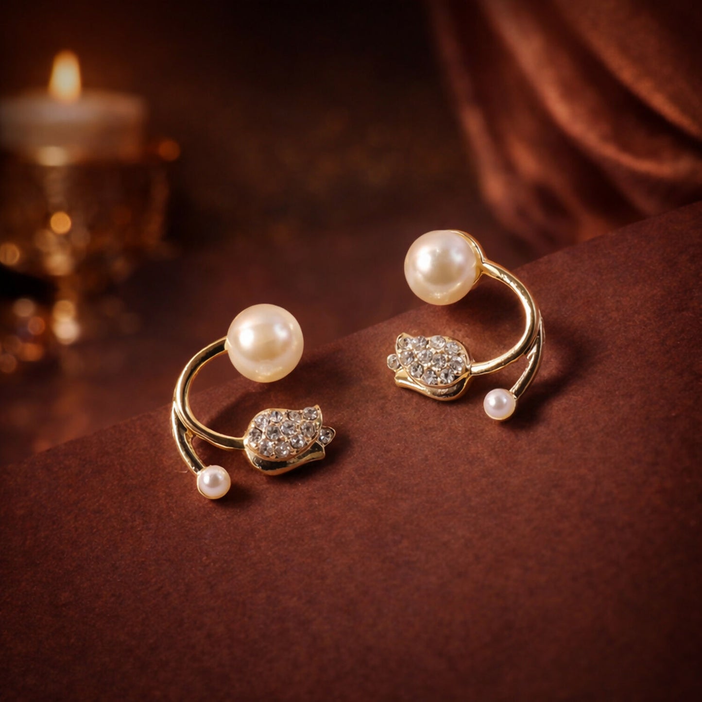 Side view of Korean pearl crystal stud earrings