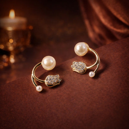 Side view of Korean pearl crystal stud earrings
