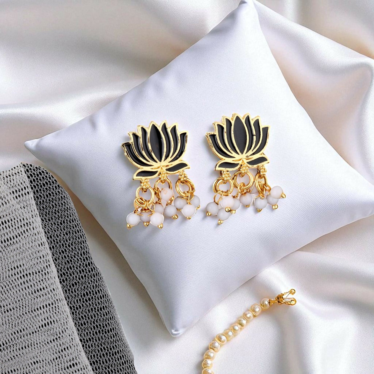 Gold Necklace with Black Lotus & White Beads Pendant for Women Stylish Jewelry