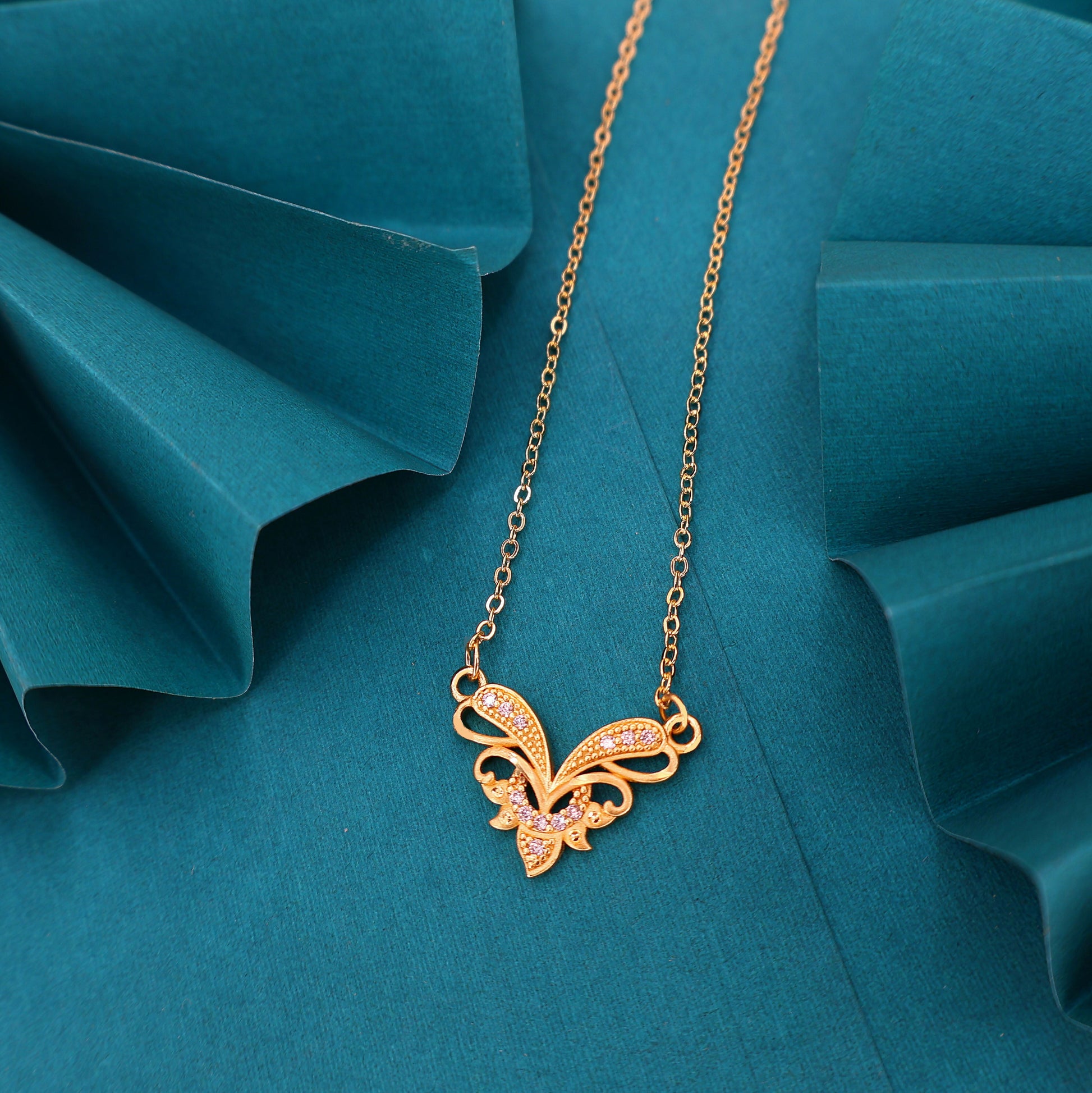 Gold Plated Butterfly Necklace with Pink AD Stones For women and girls