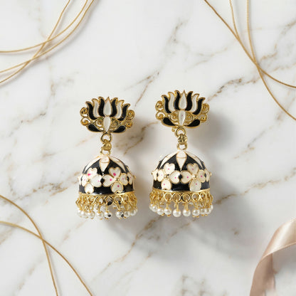Black lotus jhumka earrings worn with ethnic outfit
