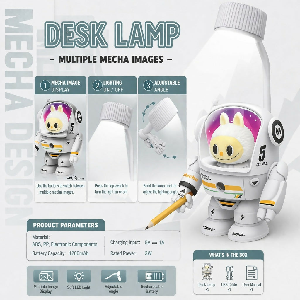 White Astronaut Desk Lamp with Pencil Sharpener and LED Light