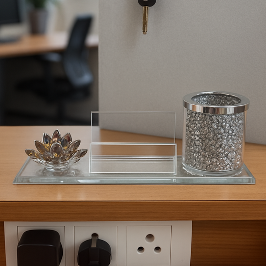 Luxury Glass Pen Stand and Card Holder with Crystal Lotus & Glitter Decor | Elegant Office Desk Organizer for Home, Workspace & Gifting