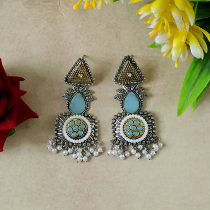 Vintage Oxidized Silver Dangle Earrings with Gold Tone & Pearl Tassel Drops