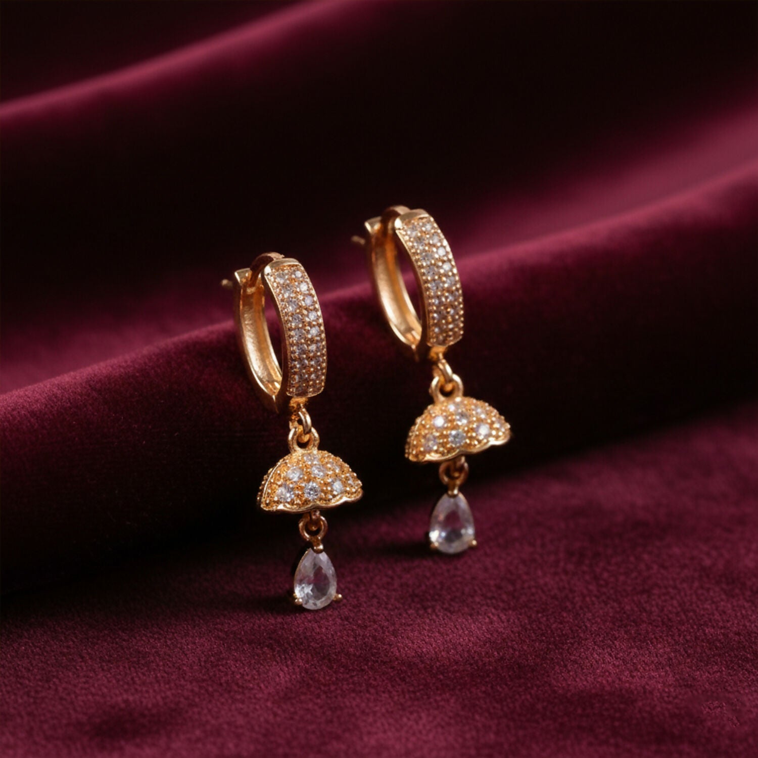 Gold Finish Hoop Earrings with Stone Studded Drop Design for Women & Girls