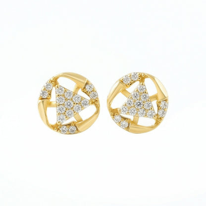 Gold stud earrings with intricate floral-inspired design and stones