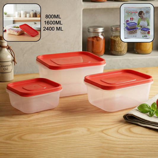 Plastic Food Storage Container Set – 3 Pieces Kitchen Storage Box Set (800 ml, 1600 ml, 2400 ml)