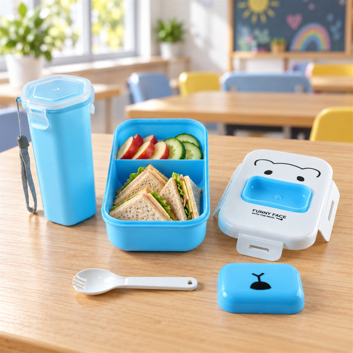 A blue lunchbox with sandwiches and fruit, a matching water bottle, and a white spoon on a wooden table.