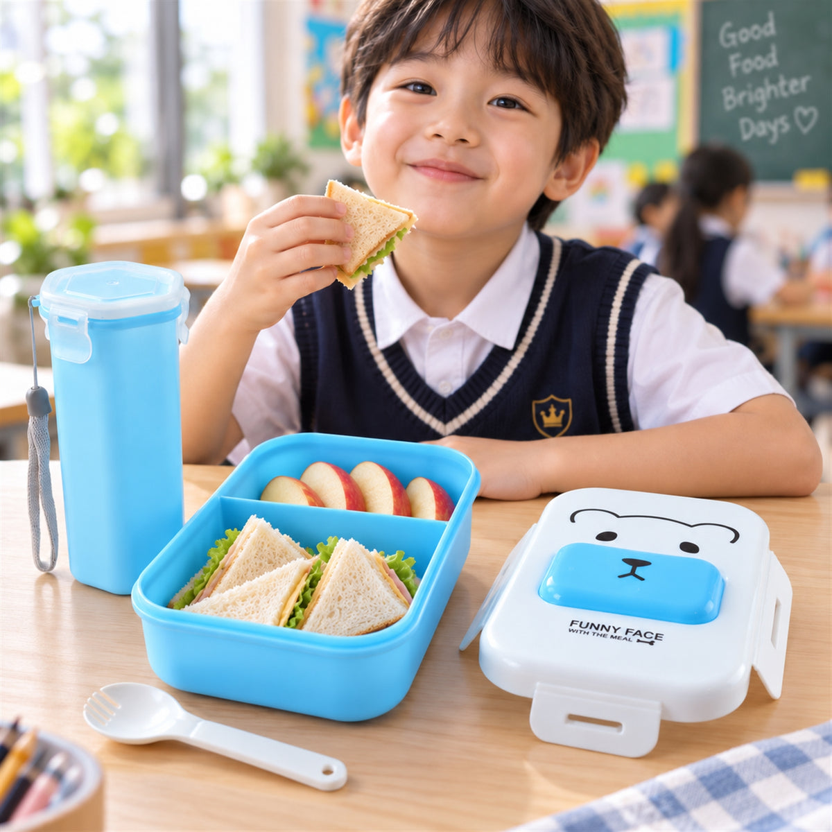 A young girl in a white shirt smiles while eating from a blue lunchbox with a white spoon.