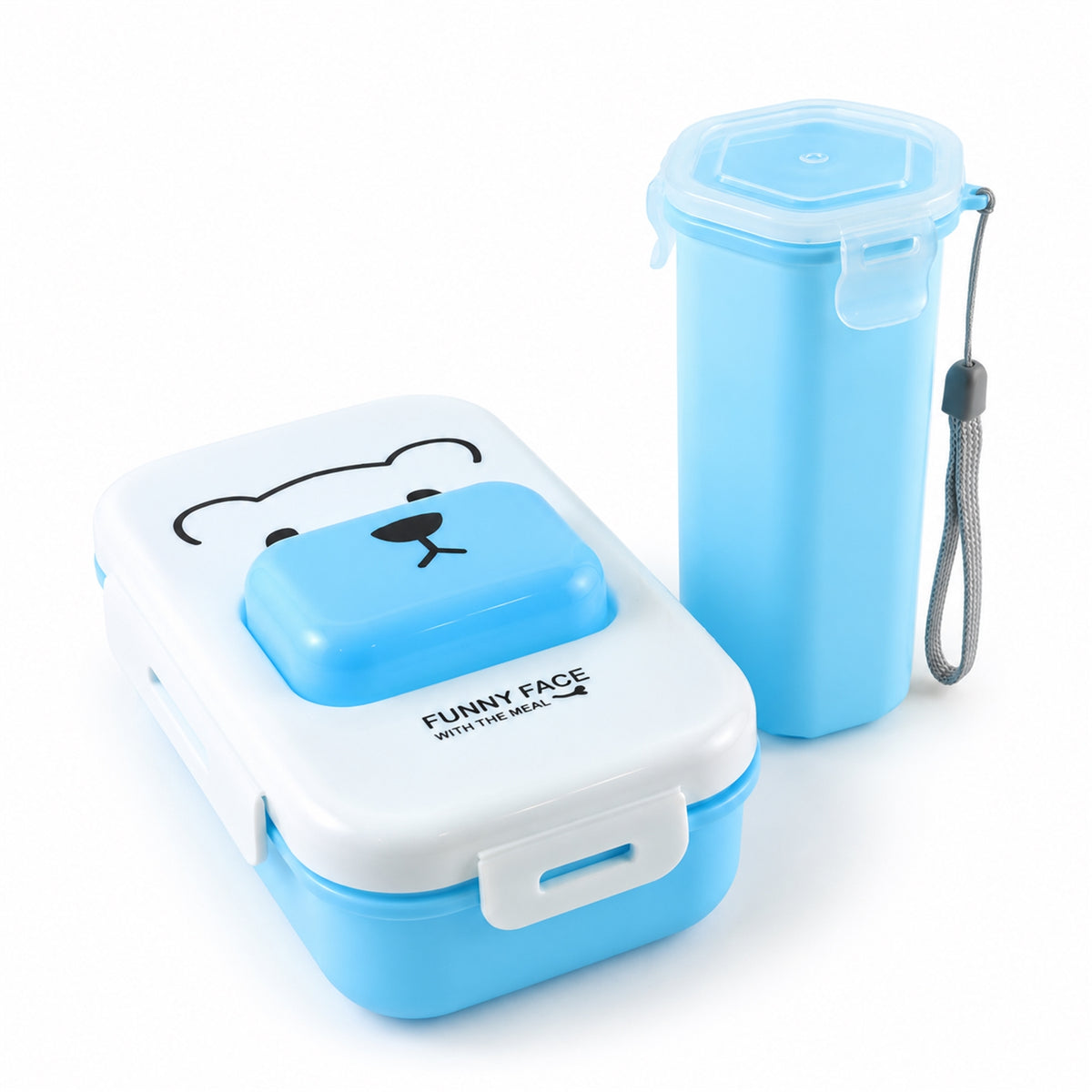 A white and blue lunchbox with a bear face design, showing dimensions of 19 cm by 12 cm.