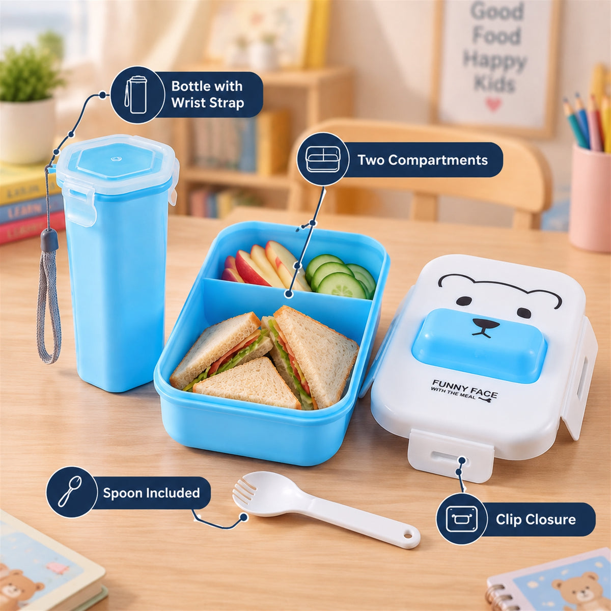 A blue water bottle and a white and blue bear-faced lunchbox on a wooden table in a classroom setting.