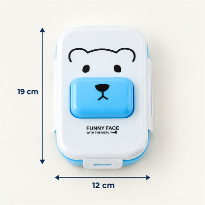 A blue water bottle, a two-compartment lunchbox with food, and a white spoon with labels highlighting features.