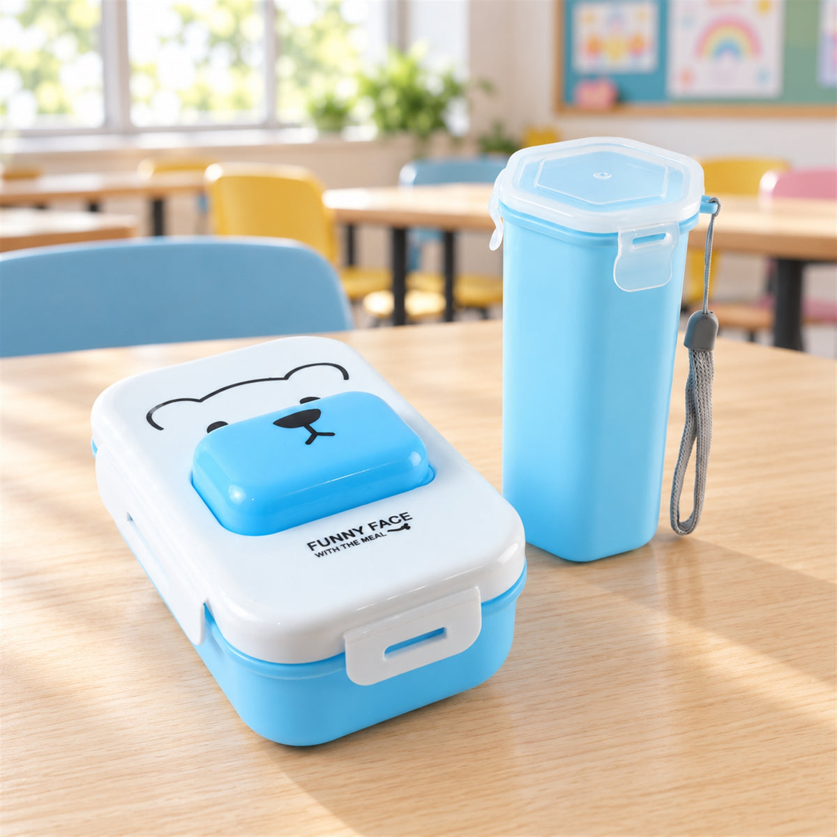 A blue water bottle and a white and blue bear-faced lunchbox sealed in clear plastic packaging.