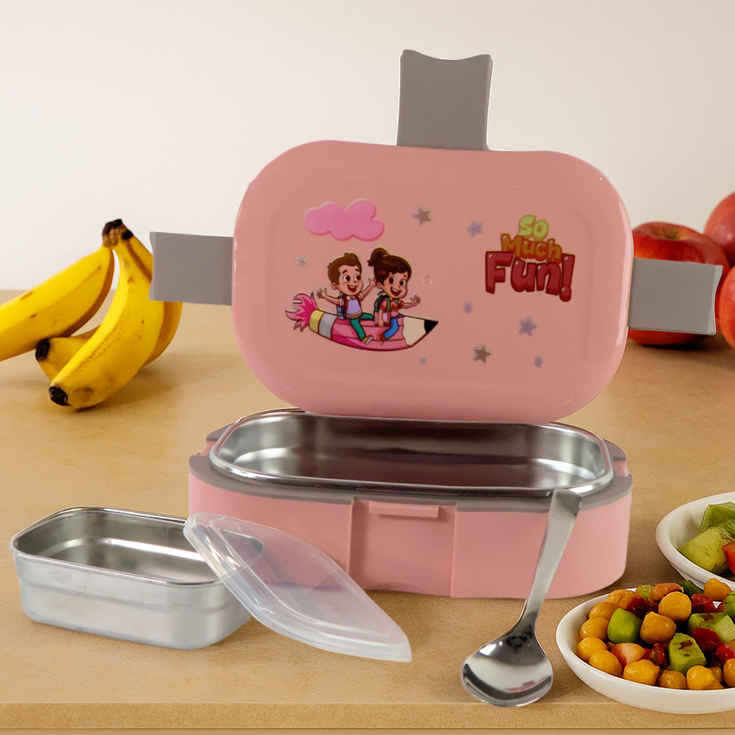 Kids Cartoon Lunch Box Set with Stainless-Steel Inner Tray (1 Set)