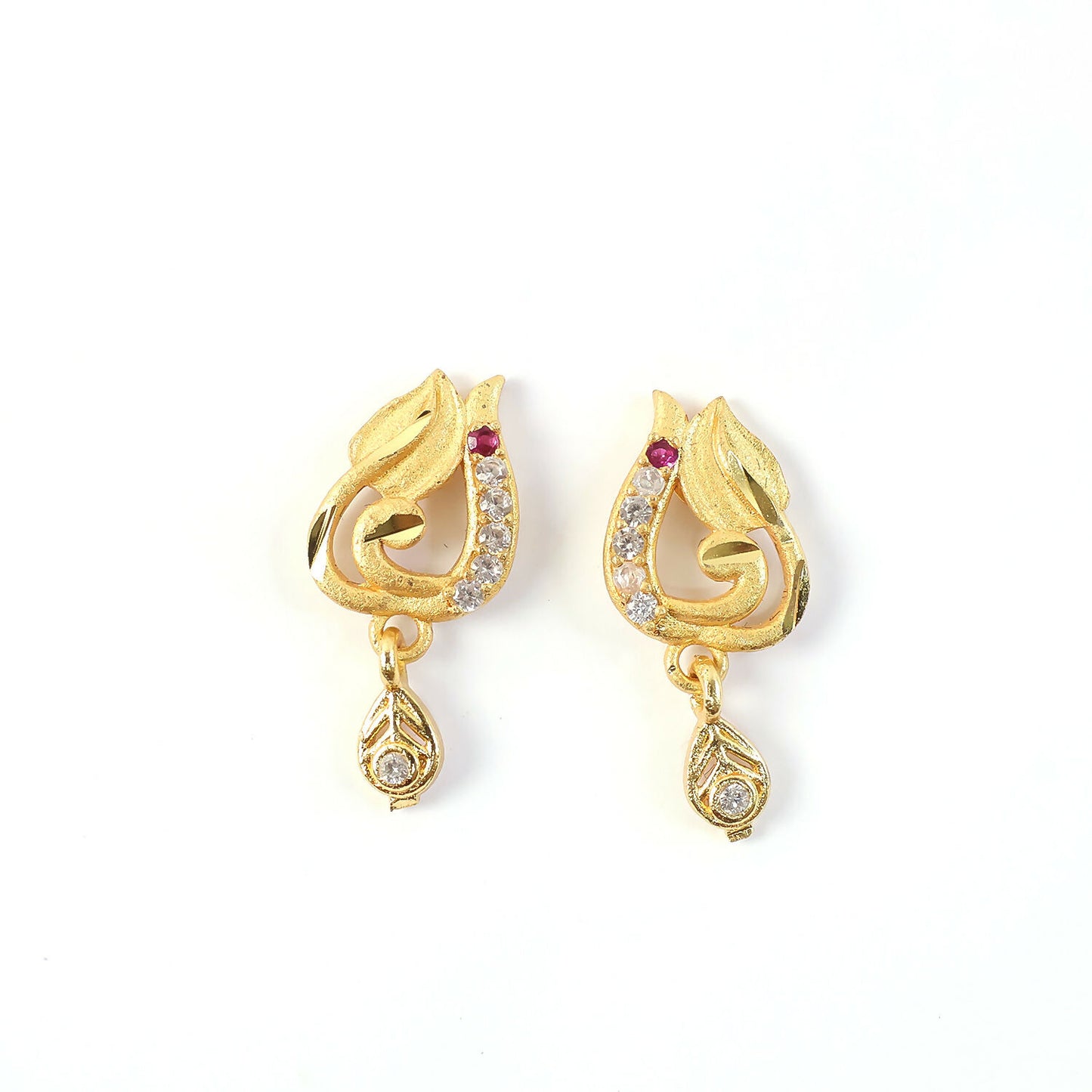 Traditional Curved Leaf Style Gold Stud Earrings With Crystal Detailing And Drop Charm