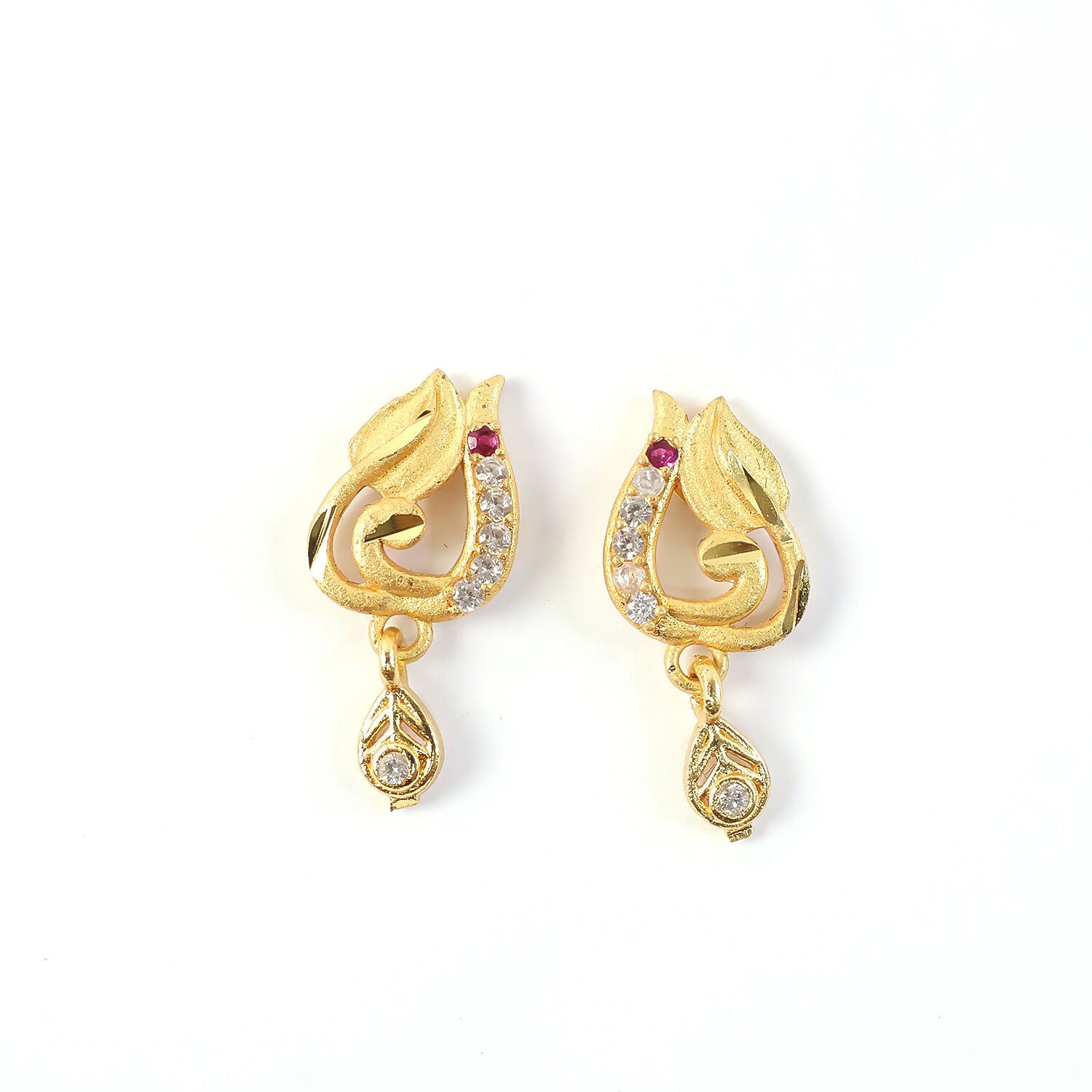 Traditional Curved Leaf Style Gold Stud Earrings With Crystal Detailing And Drop Charm