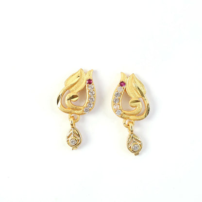 Traditional Curved Leaf Style Gold Stud Earrings With Crystal Detailing And Drop Charm