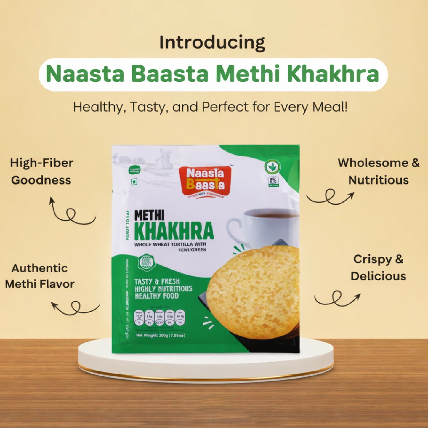 Naasta Baasta Methi Khakhra Healthy Whole Wheat Tortilla with Fenugreek Ready To Eat Tasty & Fresh Snack(200gm)