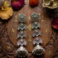 Traditional Oxidized Silver Long Jhumka Earrings for Women Antique Floral Design