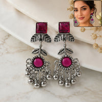 Oxidised Silver Long Drop Earrings with Pink Stones and Ghungroo for Women and Girls