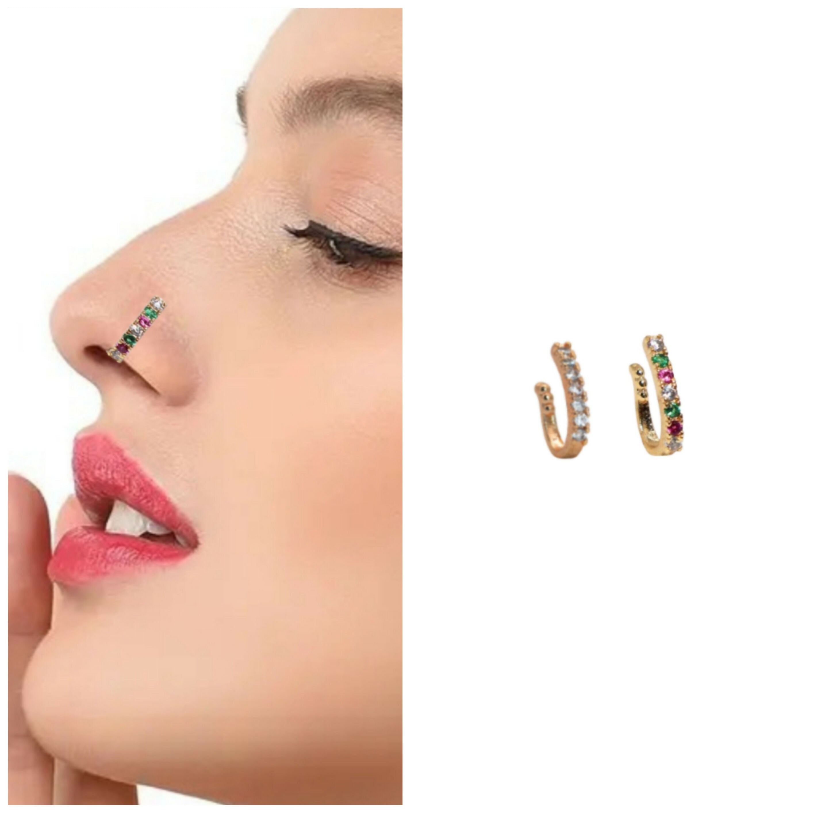 2 Pcs Gold Plated AD Non-Piercing Nose Clip Ring Set