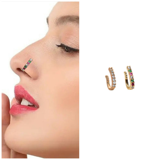 2 Pcs Gold Plated AD Non-Piercing Nose Clip Ring Set