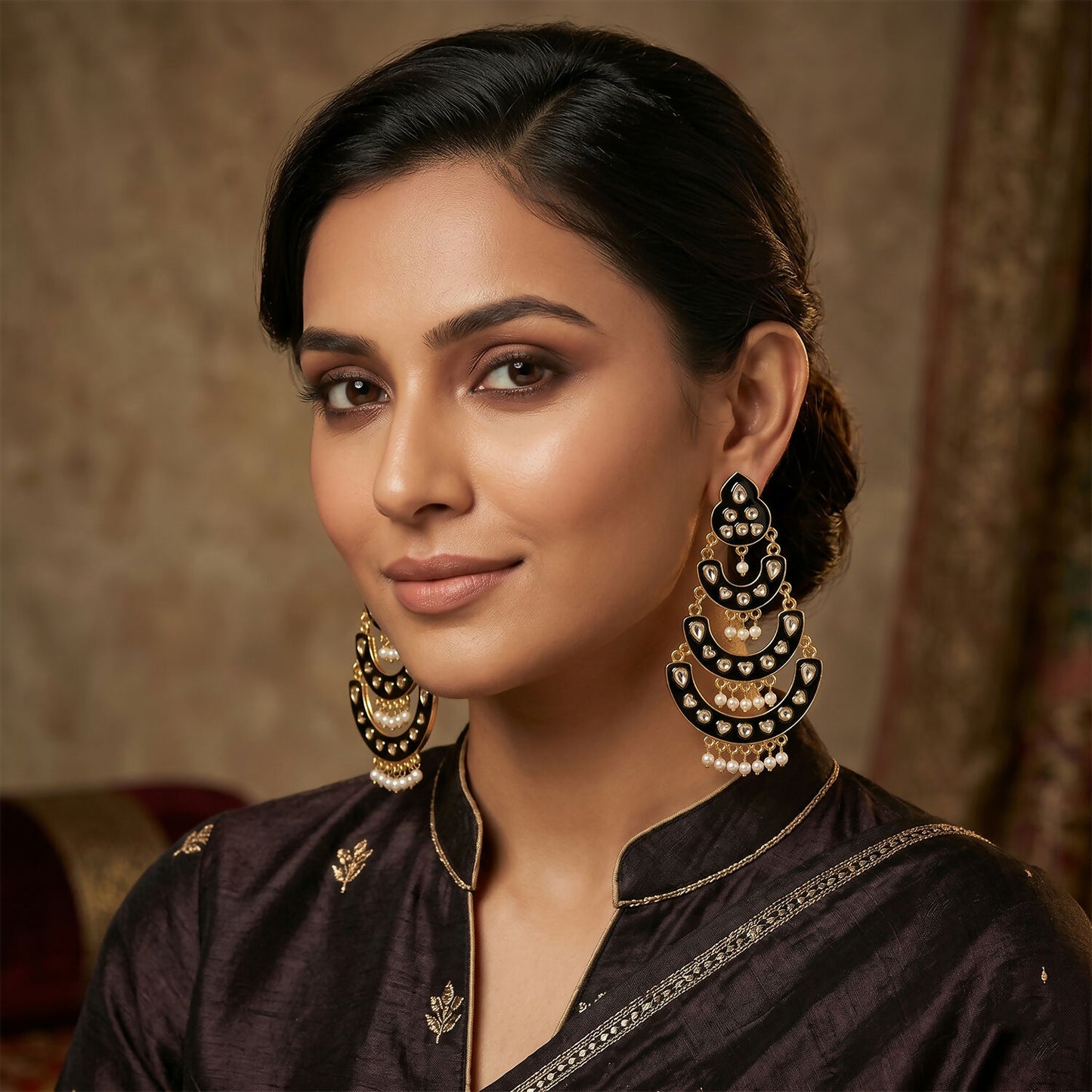 Detailed view of pearl drop beads on chandbali earrings