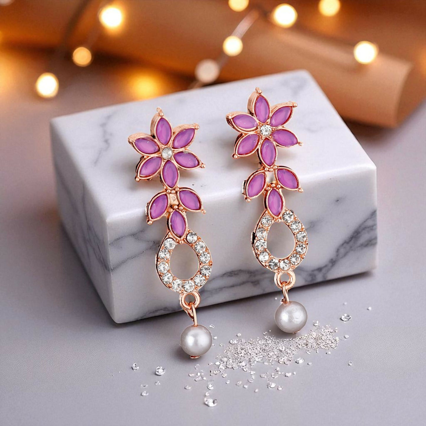 uxurious Rose Gold Plated Magenta Stone Necklace Set with Pearl Drop