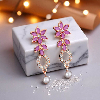 uxurious Rose Gold Plated Magenta Stone Necklace Set with Pearl Drop