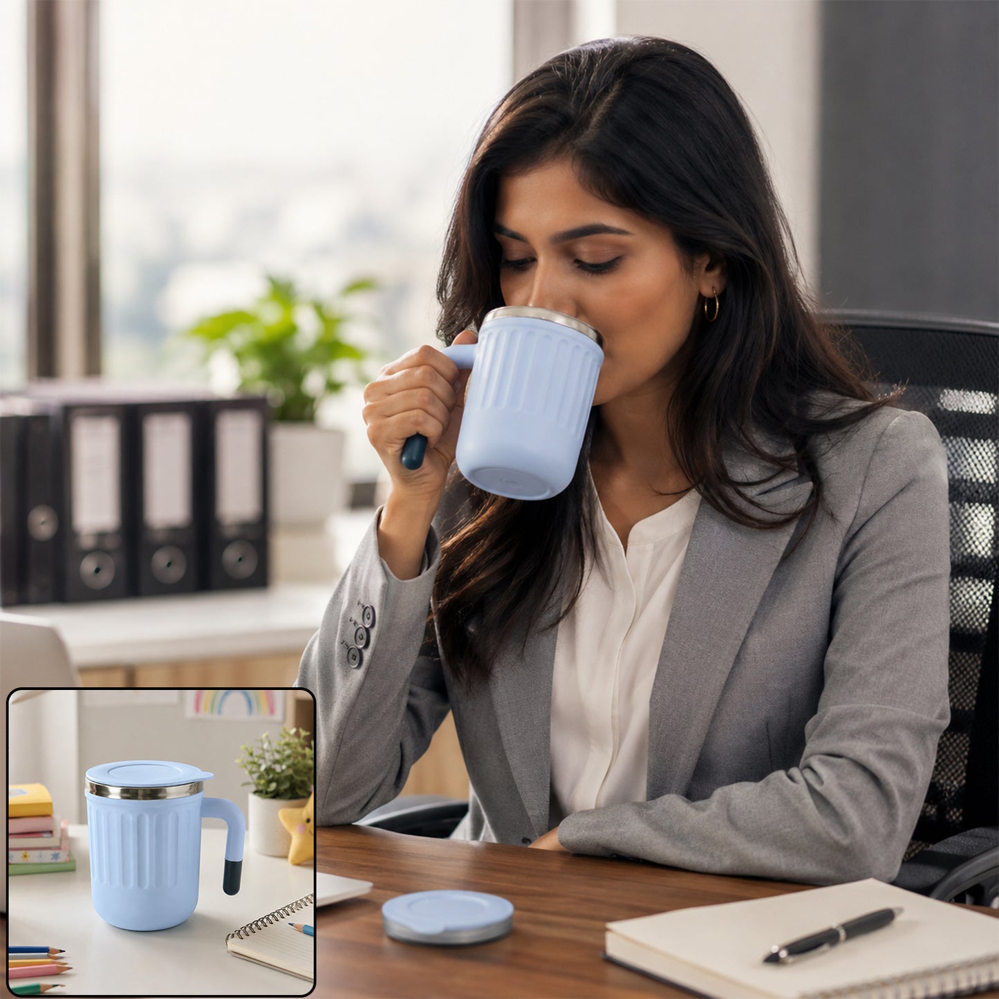 Apex Office Mug 400 ML with Handle and Lid Steel Rim Coffee Mug (1 Pc)