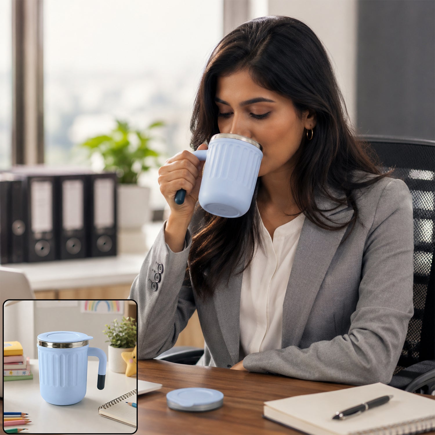 Apex Office Mug 400 ML with Handle and Lid Steel Rim Coffee Mug (1 Pc)
