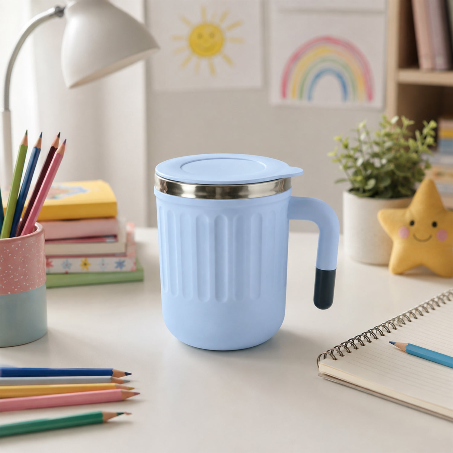 Apex Office Mug 400 ML with Handle and Lid Steel Rim Coffee Mug (1 Pc)