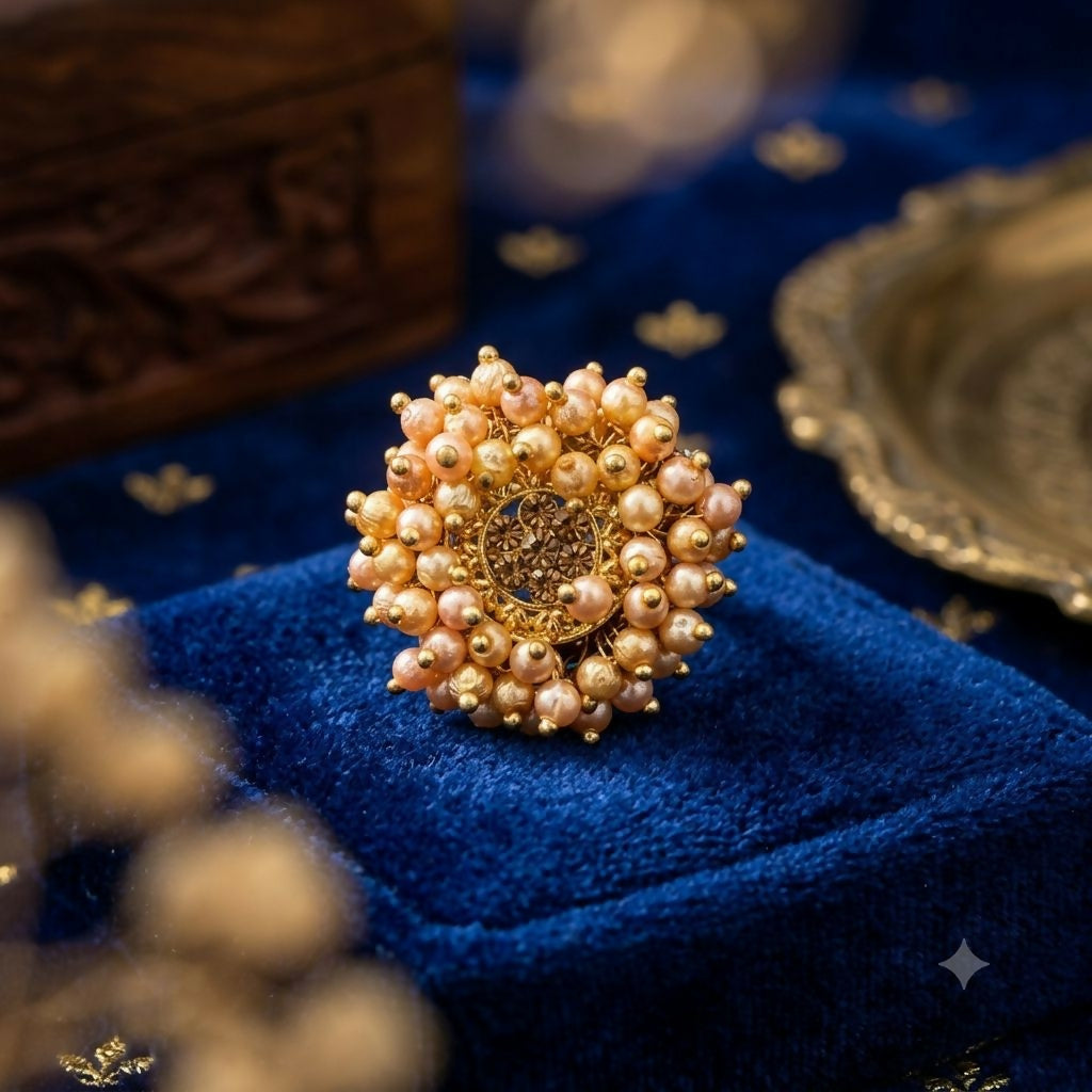 Side view of the elegant pearl floral statement ring showcasing its ethnic charm.