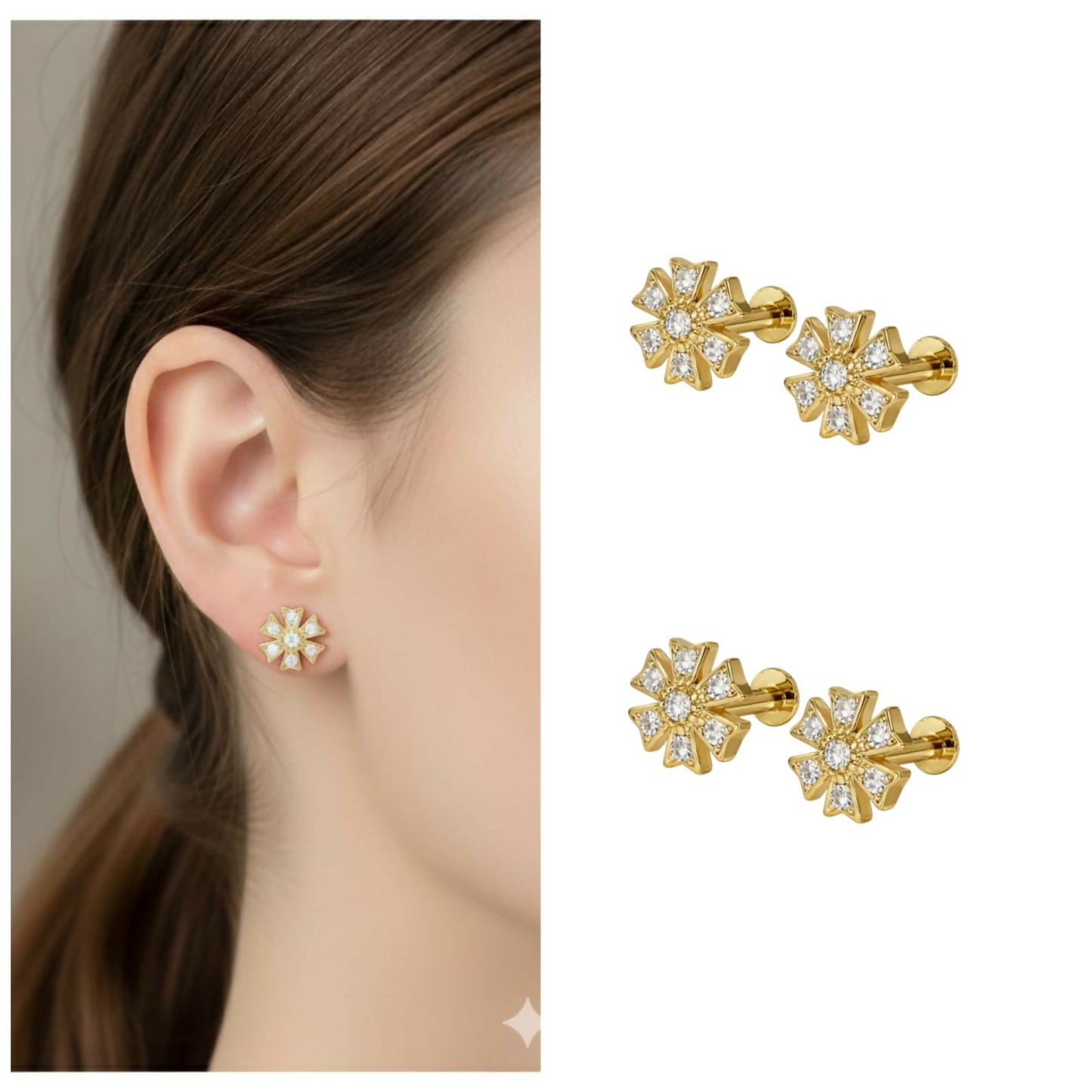 Close-up view of gold plated floral diamond flat back stud earring