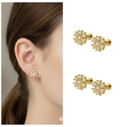 Close-up view of gold plated floral diamond flat back stud earring