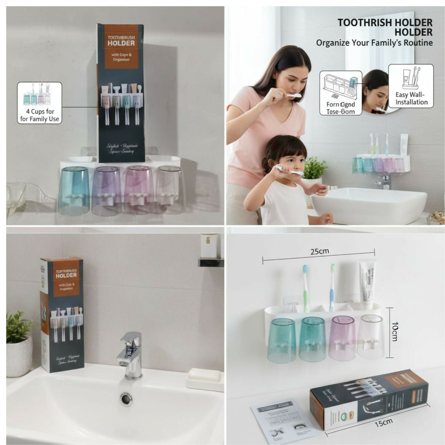 Toothbrush Holders & Storage Rack with 4 Cute Cartoon Cups