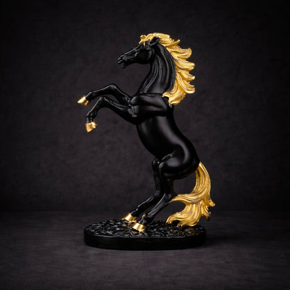 Close-up of black gold horse showpiece details