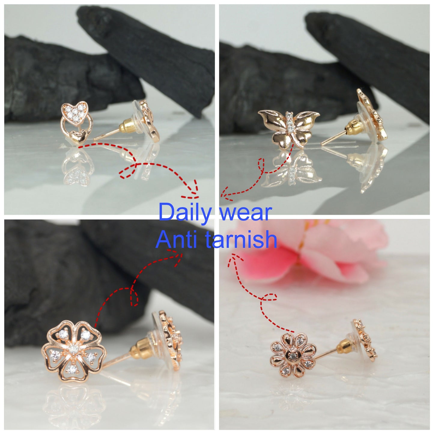 Rose Gold Stud Earrings Combo: Heart, Butterfly, Flower for women and girls Combo Pack of 4