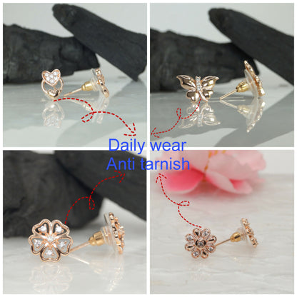 Rose Gold Stud Earrings Combo: Heart, Butterfly, Flower for women and girls Combo Pack of 4